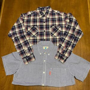 (BIG JOHN他) チェックシャツ2枚　半袖/長袖　150 ネイビー系　綿100% ビッグジョン