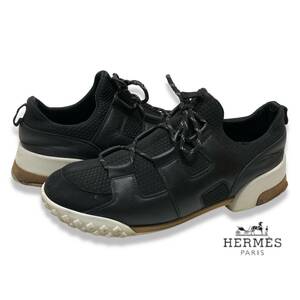 正規品 HERMES エルメス LOW-TOP SNEAKERS Hロゴ レザー ローカット スニーカー シューズ 42 1/2 ブラック×ブラウン メンズ