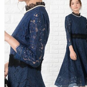 ★Lace Ladies レース7分袖ワンピース　パーティー　結婚式　長袖　総レース　ドレス　ネイビー