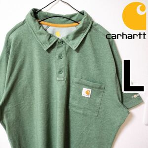 carhartt くすみ緑 ポロシャツ 半袖カットソー カーハート メンズL ワンポイント ポケット ゆるダボ ビッグシルエット