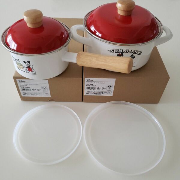 【新品お箱】フジホーローミッキーマウス両手鍋&ミルクパン&PE蓋付き保存便利 調理器具
