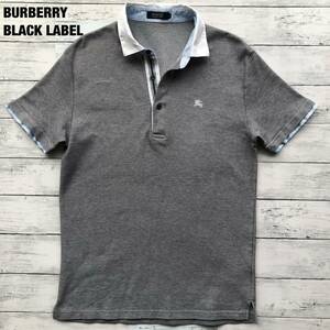  прекрасный товар /3(L) размер * Burberry Black Label BURBERRY BLACKLABEL рубашка-поло шланг Logo вышивка k реликт серый белый мужской 