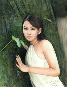 最落なし100円出品！石川吾郎　パステル美少女画　版画　194　少女の森林浴