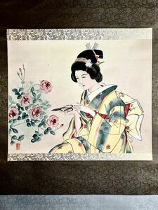 Art hand Auction [Copy] [S8] Signature only Beauty with Roses Silk painting Beauty painting Flower picture Rose Taisho Romance Illustrator Japanese painting Painting Hanging scroll (Inspection) Takabatake Kasho, Painting, Ukiyo-e, Prints, Portrait of a beautiful woman