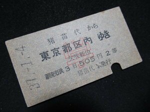 ■国鉄 猪苗代から東京都区内ゆき 矢吹経由 学505円 2等 S37.1.4 裏面に貼り跡あり