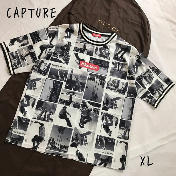 CAPTURE 総柄プリントTシャツ　半袖　カットソー　スケーター　ストリート　オーバーサイズ　XL 夏シャツ　古着