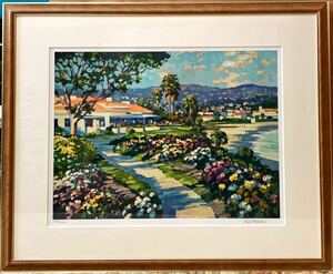 ハワード・バーレンズ油絵レプリカ限定1250枚 絵画 直筆サイン入 額装 大型 Howard Behrens 花畑小屋山風景緑 