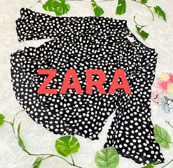 ZARA ドット　ドルマンスリーブ　チュニック　ブラウス　モノトーン　USAサイズL 袖口フリル　裾フリル　 総柄 長袖