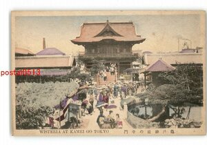 XyX3147● 東京 手彩色 亀戸神社の中門 *傷み有り【絵葉書】