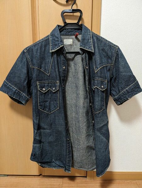 リーバイス レッドループ LEVI'S redloop デニムシャツ ウエスタン ドットボタン留め USED加工 半袖 M メンズ