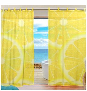 特注柄★薄手輪切りイエローレモンのデザイン遮熱遮光自然の風を通しカーテン150×200cm 二枚セット