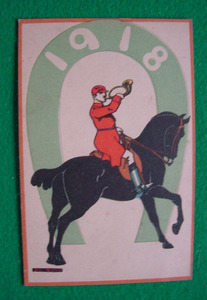 e7-109 外国絵葉書　イラスト 「蹄鉄と馬」　1918