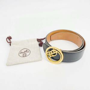 美品 HERMES エルメス レザー ベルト 馬モチーフ 金具 ゴールド 黒