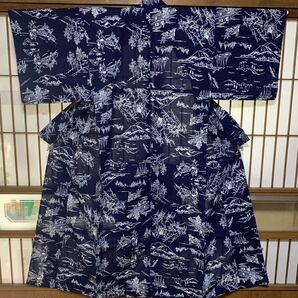 浴衣 昭和レトロ 木綿地 紺地に山景色に茶屋とカゴに乗る旅人白柄 Y102