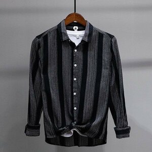 L ブラック カジュアルシャツ メンズ 長袖 ストライプ柄 綿100％ 柔らかい シンプル 切り替え トップス ライトアウター