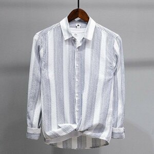 XL ブルー カジュアルシャツ メンズ 長袖 ストライプ柄 綿100％ 柔らかい シンプル 切り替え トップス ライトアウター