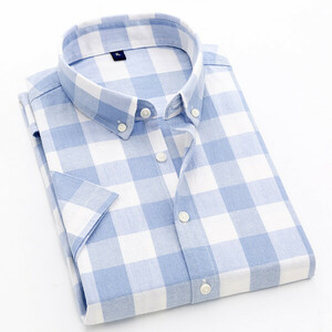 4XL ライトブルー ボタンダウンシャツ 半袖 メンズ チェック柄 スリム 通勤 通学 アメカジ 涼しい 夏