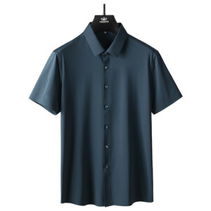 XL ダークグリーン 父の日 ワイシャツ ドレスシャツ メンズ 半袖 無地 ストレッチ 滑らかい 柔らかい ノーアイロン 上質 ビジネス