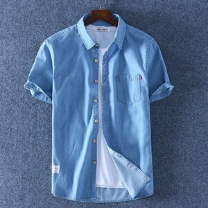 M A-ライトブルー デニムシャツ 半袖 メンズ 無地 ポケット付き コットン 柔らかい 大きいサイズ 春 夏