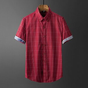 5XL レッド ボタンダウンシャツ 白シャツ メンズ 半袖 チェック柄 切り替え おしゃれ アメカジ ビジカジ 夏物