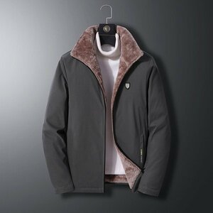 5XL チャコール ボアジャケット 中綿ジャケット メンズ 裏起毛 立ち襟 ワンポイント 防寒 防風 冬服 保温