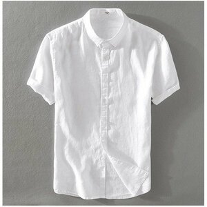 L ホワイト リネンシャツ メンズ 半袖 白シャツ 無地 シンプル 100％リネン 麻 トップス 羽織り 通気 涼しい