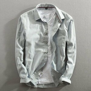 2XL ライトブルー カジュアルシャツ メンズ 長袖 無地 ポケット付き コットン シンプル ソフト トップス