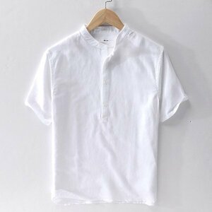 XL ホワイト 白シャツ メンズ 半袖 無地 リネンシャツ バンドカラー カジュアルシャツ 麻混シャツ プルオーバー