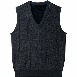 XL ブラック ニットベスト ベスト メンズ ケーブル編み Vネック 裏ボア スリム ビジネス 紳士 セーター 暖かい