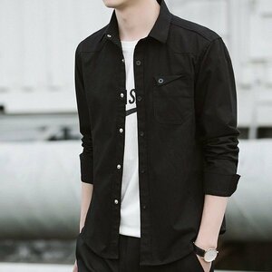 XL ブラック（長袖） カジュアルシャツ メンズ シャツジャケット デニム ワーク 細身 タイト 春 夏 秋 冬