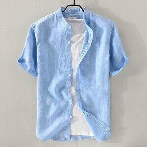 XL ブルー 半袖シャツ メンズ 無地 バンドカラー カジュアル リネン コットン 通気 夏 シンプル