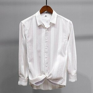 2XL ベージュ カジュアルシャツ メンズ 長袖 ストライプ柄 綿100％ 柔らかい シンプル 切り替え トップス ライトアウター