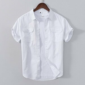 2XL ホワイト ワークシャツ メンズ 半袖 無地 ポケット付き バックプリント コットン 柔らかい おしゃれ 涼しい 夏服 アメカジ