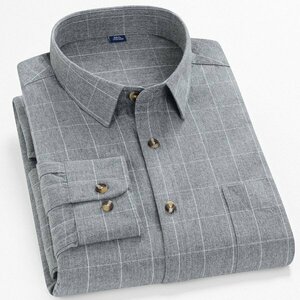 41/XL 格子グレー ネルシャツ ストライプシャツ チェックシャツ メンズ 長袖 ストライプ柄 チェック柄 柔らかい ポケット