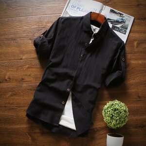4XL ブラック カジュアルシャツ メンズ 無地 七分袖 綿100％ 春夏 ロールアップ カジュアル レギュラー 新作
