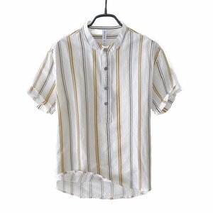 3XL ホワイト リネンシャツ カジュアルシャツ メンズ 半袖シャツ ストライプ柄 バンドカラー 麻 綿麻 涼しい 爽快 夏物