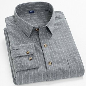 44/4XL 縞柄グレー ネルシャツ ストライプシャツ チェックシャツ メンズ 長袖 ストライプ柄 チェック柄 柔らかい ポケット