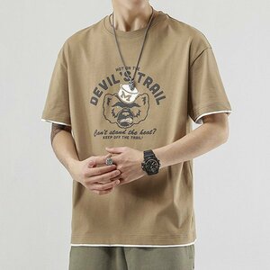 2XL カーキ プリントTシャツ 半袖 裾切り替え 文字 キャラクター 大きいサイズ カレッジ ストリート