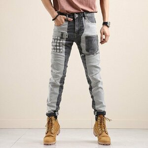 W29 グレー デニムパンツ メンズ ストレッチ かっこいい オリジナル リペア加工 ダメージ加工 ジーンズ パッチワーク加工