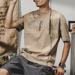 2XL カーキ Tシャツ 半袖 総柄 文字 メンズ オシャレ カレッジ カジュアル ストリート ロゴTEE トップス