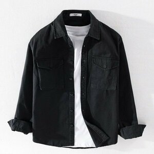 XL ブラック ワークシャツ メンズ 無地 長袖 カジュアルシャツ シンプル 作業服 アウトドア トップス シャツジャケット