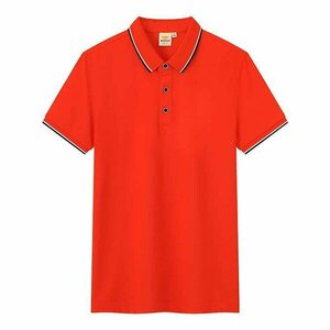 M オレンジレッド ポロシャツ メンズ ユニセックス レディース 半袖 ライン入り ゴルフ かわいい おしゃれ 綿 100％ 男女兼用 涼しい