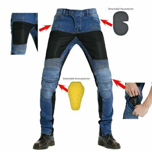 4XL(W40) ブルー ジーンズ バイクパンツ メンズ ストレッチ 異素材mix デニムパンツ バイクウェア 膝パッド装備 耐磨 保護 作業