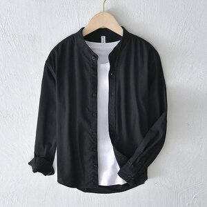 3XL ブラック リネンシャツ カジュアルシャツ メンズ 長袖 無地 バンドカラー 麻 綿麻 涼しい 爽快 ライトアウター 羽織り 新作