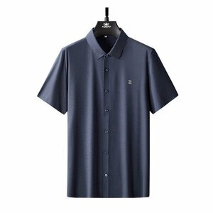 3XL ネイビー 父の日 プレゼント ワイシャツ ドレスシャツ 半袖 メンズ ワンポイント チェック柄 涼しい ビジネス カジュアル