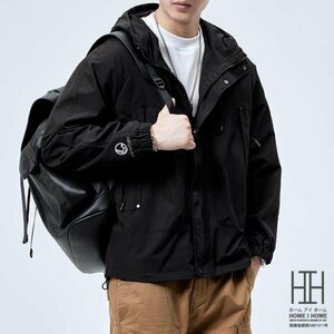 XL ブラック メンズ マウンテンパーカー 登山服 フード付き 防風 防寒 ゆったり 大きい シンプル カジュアル ウィンドブレーカー ブルゾン