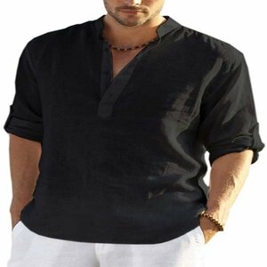 L ブラック シャツ カジュアルシャツ 白シャツ メンズ 長袖 無地 ヘンリーネック ノーカラー 多色 シンプル 袖ロールアップ トップス