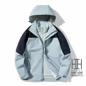 4XL ネイビー+青 マウンテンパーカー メンズ レディース 3way フード脱着可 登山服 防風 ボアライナー付き 取り外し可 フリース 撥水