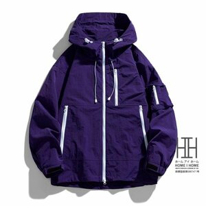 XL パープル マウンテンパーカー メンズ 登山服 防風 撥水 ナイロンパーカー フード ナイロンジャケット 撥水パーカー