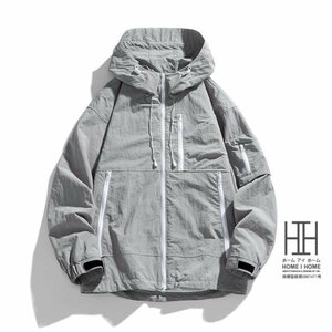 L ライトグレー マウンテンパーカー メンズ 登山服 防風 撥水 ナイロンパーカー フード ナイロンジャケット 撥水パーカー